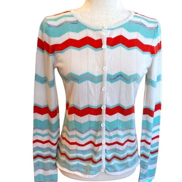 Saks Fifth Avenue Black Label Chevron Spring Lightweight Knit Cardigan Sweater - Picture 1 of 9